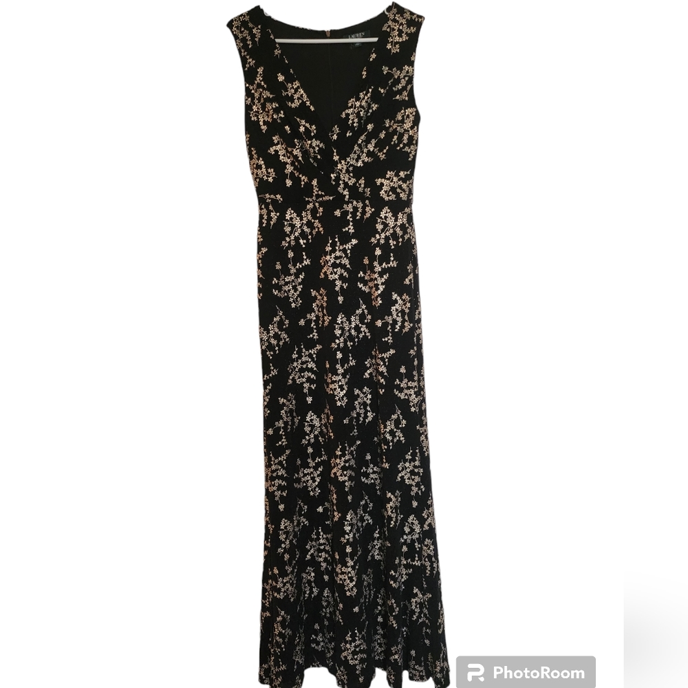 Ralph Lauren black gold floral design lined sleeveless maxi dress SZ 6